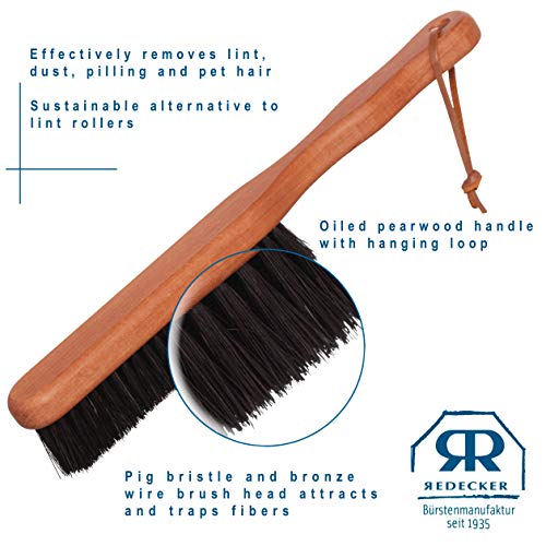 Redecker Clothes Brush with Pearwood Handle, 10-1/2 inches, Natural Bristles Clean Upholstery and All Types of Fabric Gently and Effectively, Hanging Loop for Storage, Made in Germany