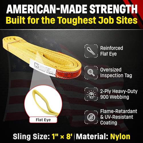 DD Sling 1 Inch x 8 Foot Nylon Lifting Sling – USA Made, 3,200 lb Vertical, 2,600 lb Choker, 6,400 lb Basket – 2-Ply Heavy Duty 900 Webbing, Type 3 Flat Eye & Eye Rigging Sling - size: 1"x8'
