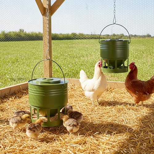KOL Hanging Chicken Feeder 20lbs Metal Chicken Feeder No Waste, Adjustable Poultry Feeder with 12 Ports, No Installation & Universal Height Design (Green) - color: Green