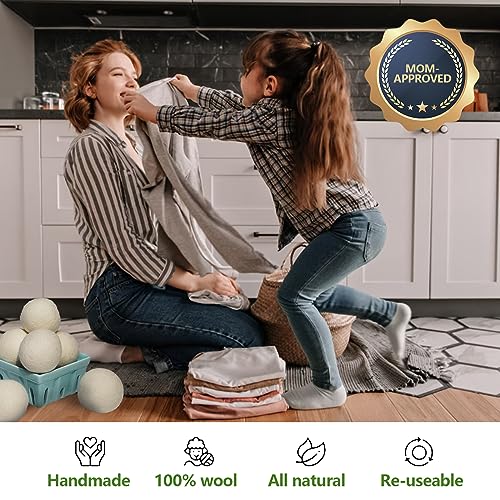 Wool Dryer Balls, XL Pack of 6, Reusable Natural Fabric Softener - Gray | Handmade, cruelty-free, 100% NZ wool, cuts drying time, anti-static, unscented, baby-safe, 1000+ loads,with storage bag