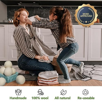 Wool Dryer Balls, XL Pack of 6, Reusable Natural Fabric Softener - Gray | Handmade, cruelty-free, 100% NZ wool, cuts drying time, anti-static, unscented, baby-safe, 1000+ loads,with storage bag