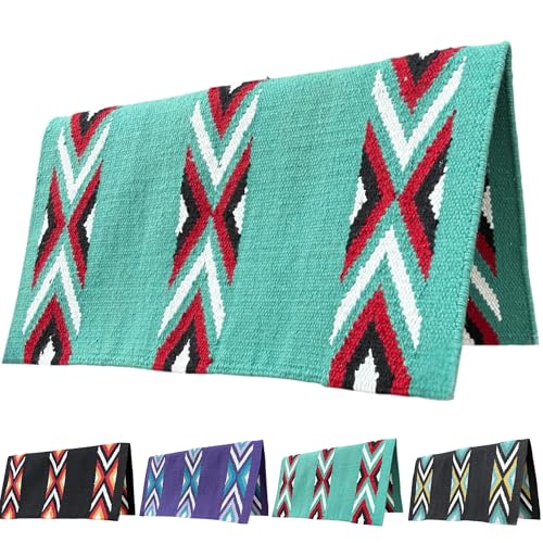 Majestic Ally Western Saddle Blanket, Canyon Diamond Design, New Zealand Wool, Handwoven Horse Tack, 36x34 Inches - color: Turquoise Red