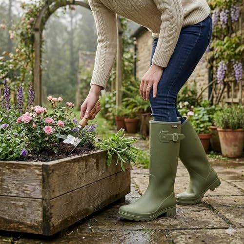 HISEA Women Rain Boots Slim Calf Tall Waterproof Tight PVC Rubber Rainboots - color: Olive Green-slim Calf, size: 7