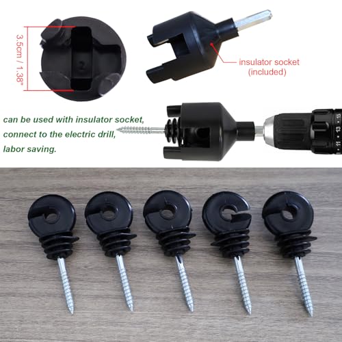 100 pcs Electric Fence Insulator, Black Self-Tapping Insulator, Fence Ring Post Screw-in Wood Post Insulator, with 1 pc Insulator Socket Tool (Fit for Electric Drill) - size: 100 pcs