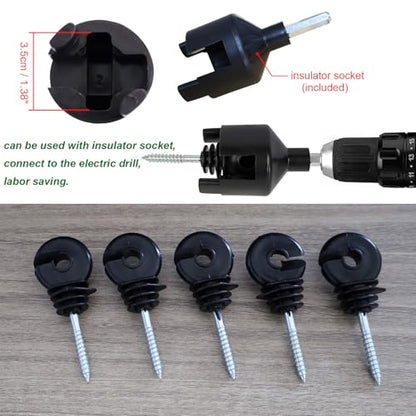 100 pcs Electric Fence Insulator, Black Self-Tapping Insulator, Fence Ring Post Screw-in Wood Post Insulator, with 1 pc Insulator Socket Tool (Fit for Electric Drill) - size: 100 pcs