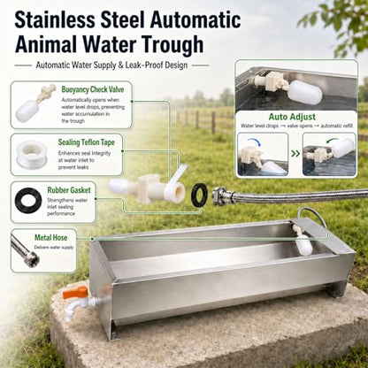 Automatic Livestock Water Trough, 54L Stainless Steel Animal Waterer with Float Valve Kit, Large Outdoor Auto Fill Water Dispenser for Horses Cattle Goats Pigs Hogs and Dogs