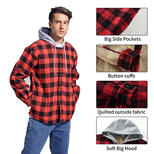 Men's Cotton Plaid Shirt Jacket Fleece Flannel Sherpa Button Down - color: Red Black, size: Medium