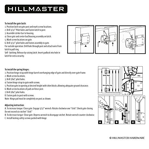 HILLMASTER Heavy Duty Gate Latch Kit for Wooden Vinyl Fence, 1 Pack Self-Locking Gate Latch and 2 Pack 3.5” Spring Tee Hinges, Gate Fence Hardware Set, Black Finish