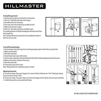 HILLMASTER Heavy Duty Gate Latch Kit for Wooden Vinyl Fence, 1 Pack Self-Locking Gate Latch and 2 Pack 3.5” Spring Tee Hinges, Gate Fence Hardware Set, Black Finish