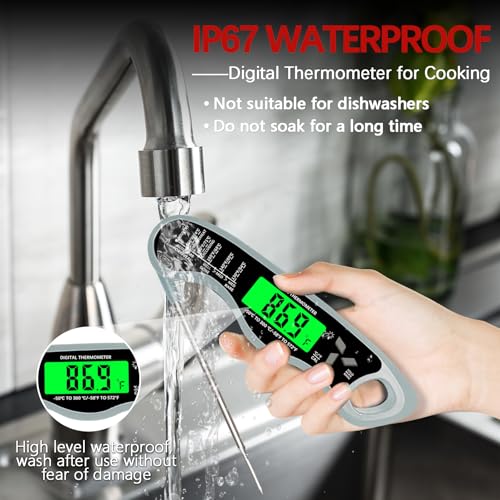 Cooking Thermometer，IP67 Waterproof Meat Thermometer Digital - color: Grey