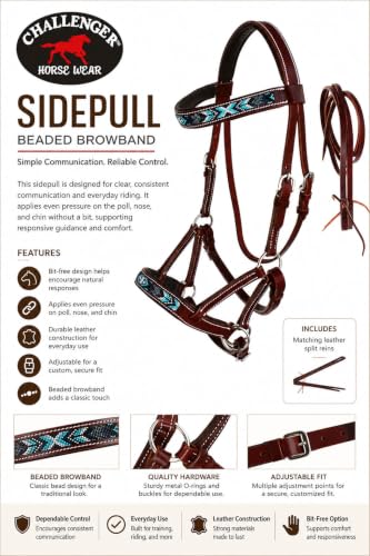 Horse Western Leather Beaded Bitless Sidepull Bridle Reins 77RS18MG-F