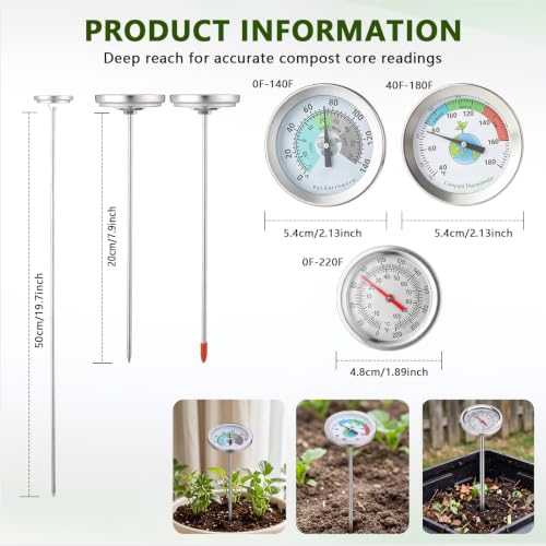 Zhengmy 20 Inch & 7.9 Inch 3 Pcs Compost Soil Thermometer Stainless Steel