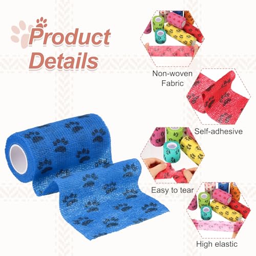 Pet Wrap Bandages, 4 Inch 5 Yard Self Adhesive Bandage Wrap, Pet Non-Woven Tape First Aid Cohesive Gauze, (Blue/Paw, 2 Pcs), Intended for Dog/Cat/Bird/Legs/Paws/Wound - color: Blue, size: 4 inch