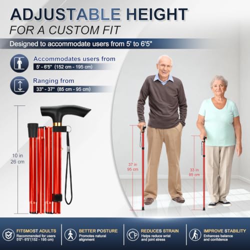 supregear Folding Cane, 5-Level Adjustable Height Walking Stick Lightweight Collapsible Portable Travel Cane with Wrist Strap and T Handle for Elderly Disabled Men Women - color: Red