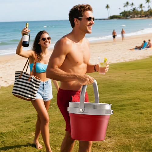 COKTIK 7L Vacuum Insulated Ice Bucket with Lid and Scoop& Tongs，Large capacity Stainless Steel Beverage Bucket for Cocktail, Champagne, Wine, Beer，Large Parties（Red Suit） - color: Red Suit