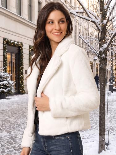 Allegra K Women's Cropped Faxu Fur Jacket Lapel 2026 Winter Fur Coat Outfit - color: White, size: Medium
