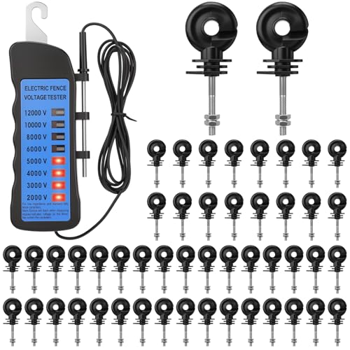 Kingdder Electric Fence Tester Kit, 12kv Neon Voltage Fault Finder (No Battery Required) with 50 Pcs Screw-in Wood Post Insulators for Farm Ranch Polywire Tape, 2000v-12000v(Bolt Kit)