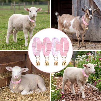 4 Pack Goat Collars with Bells Set, Adjustable Pink Bow Pattern Nylon Sheep Collar, Loud Metal Grazing Bell, Quick Release Buckle for Lambs, Small Farm Animals, Herd ID, Pasture Tracking - style: Pink Bow