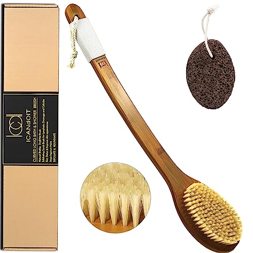 ICANdOIT-17.71Inch Natural Boar Bristles Anti-Slip Long Handle Bath Brush,Bent Handle Shower Scrubber for Exfoliating,Shower Back Brush,Exfoliation Set with Pumice Stone (1 Pack) - size: Boar Bristles 17.71 Inch(Pack of 1)