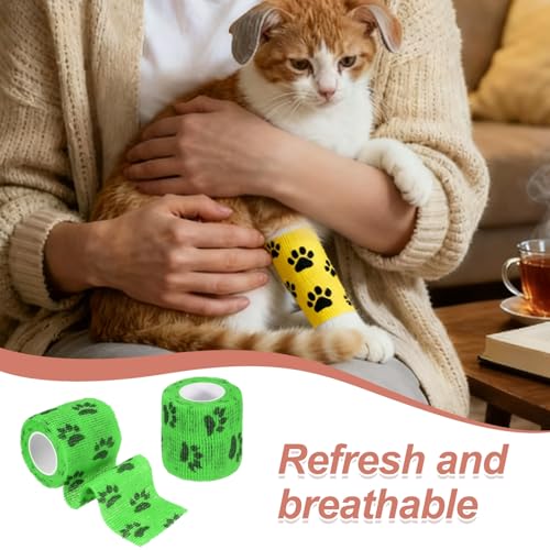 Pet Wrap Bandages, 2 Inch 5 Yard Self Adhesive Bandage Wrap, Pet Non-Woven Tape First Aid Cohesive Gauze, (Emerald Green/Paw, 2 Pcs), Intended for Dog/Cat/Bird/Legs/Paws/Wound - color: Emerald Green, size: 2 inch