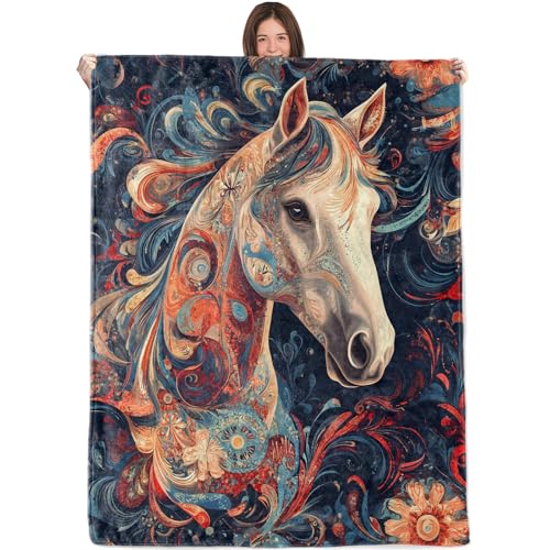 Artistic Horse Blanket,50x60in,Cozy Flannel Throw with Colorful Swirls and Floral on Dark Design,Soft Lightweight Gifts Blankets for Women,Sofa Bed Travel Cool Decor - color: Horse, size: 60"x50"