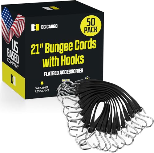 DC Cargo (Pack of 50) Tarp Straps for Flatbed Trailers, 21" Long Natural Rubber Bungee Cord Tie-Downs Ideal for Securing Tarps, Canvases, Cargo in Cold Climates | Tie-Downs w/Metal S-Hooks - size: 50