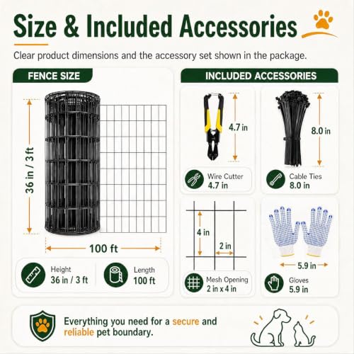 Black PVC Coated Welded Wire Fence 36 in x 100 ft, 16 Gauge 2 x 4 Inch Mesh Roll, Garden Fencing for Chicken Coop, Poultry, Yard, Pet and Plant Protection - size: 2"x4" 16GA 36"x100'