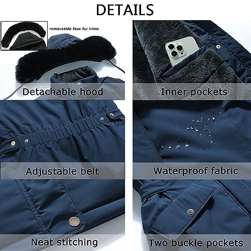 MOERDENG Women's Long Winter Down Coat Thicken Fleece Lined Puffer Jacket | Faux Fur Detachable Hood Parka Warm,Waterproof and Windproof Overcoat - color: Navy, size: Medium