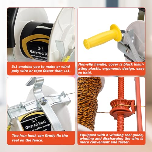 3:1 Geared Reel Prewound Polywire Electric Fence Wire Reel, with Reel Guide - size: 1640 ft x 1 standard reel x 1 guide x 1 Handle