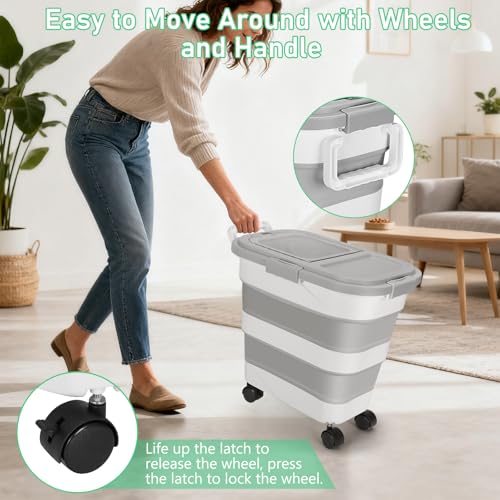 30LB Dog Food Storage Container with Wheels, Lid, Handle, Cup and Scoop - color: 30 Lbs Grey