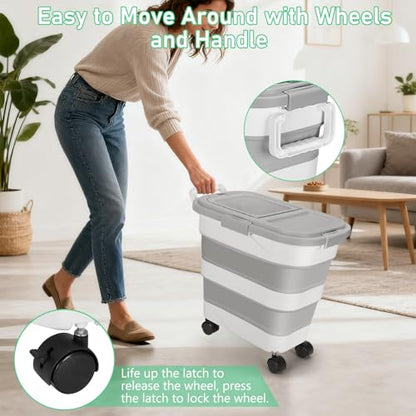 30LB Dog Food Storage Container with Wheels, Lid, Handle, Cup and Scoop - color: 30 Lbs Grey
