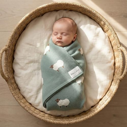 Knit Baby Swaddle Blanket - 100% Cotton Soft Cozy Receiving Swaddle Stroller Blanket for Shower Gift Registry for Newborns, Infants, Toddlers (Sheep - Pasture Green) - color: 02 - Sheep - Pasture Green