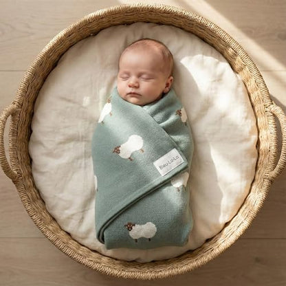 Knit Baby Swaddle Blanket - 100% Cotton Soft Cozy Receiving Swaddle Stroller Blanket for Shower Gift Registry for Newborns, Infants, Toddlers (Sheep - Pasture Green) - color: 02 - Sheep - Pasture Green