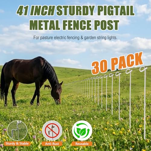 30 Pack Heavy Duty Pig Tail Step in Electric Fence Posts 41" 8mm Steel Farm | Full Insulation Galvanized Steel Portable No Dig Temporary Fence Stakes, Electric Fencing Livestock, Cattle, Horses, Garden