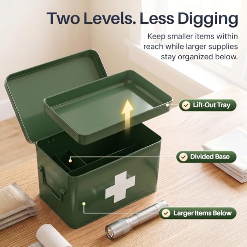 Flexzion Large Metal First Aid Box Empty, 8.5-Inch, Green with White Cross - color: Green, size: 8.5 Inch without Latch Lock