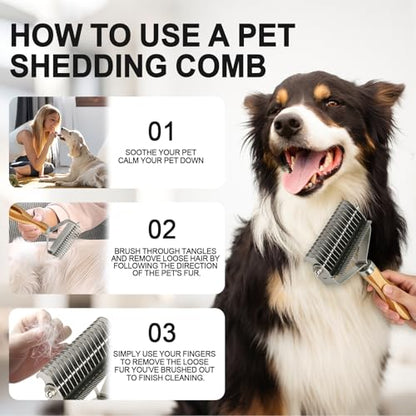 2-in-1 Pet Dematting&Deshedding Undercoat Rake with Bamboo Handle