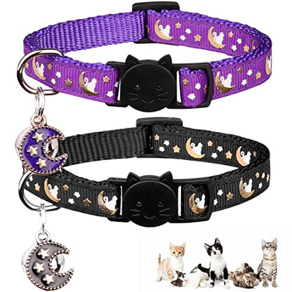 Baeuppit 2Pcs Breakaway Cats Collars Cat Collars for Boy Cats Kitten Collars with Bell & Pendant Glow in The Dark,Black+Purple - color: Black+Purple, size: 7.0-10.7''
