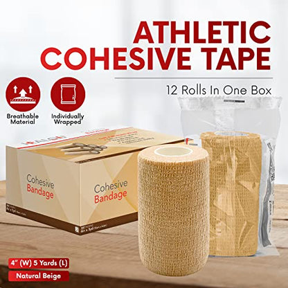 HEALQU Self Adhesive Bandage Wrap – 4" x 5 Yard, 12 Rolls Cohesive Tape for Athletic & Sports - Self Adherent Medical Tape, Flexible, Waterproof Elastic Bandages for Wrist & Ankle Vet Wrap for Dogs - size: 4 Inch Box of 12
