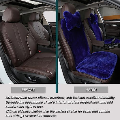OGLAND Blue Fuzzy Sheepskin Car Seat Cover | Soft Natural Fur Wool Cushion - color: Blue