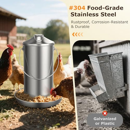 Chicken Feeder - 304 Stainless Steel 8.8 lb Rust-Proof No Waste Poultry Feeder for Outdoor Coops, Chickens, Ducks & Small Farms