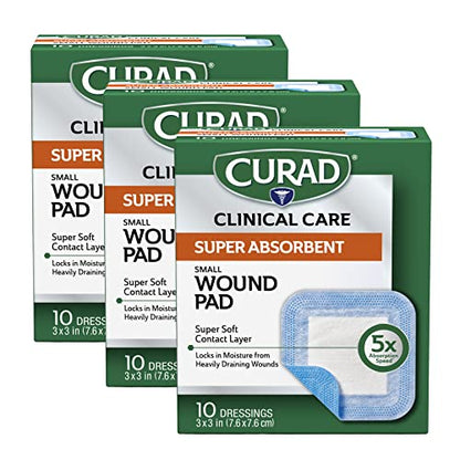 Curad Super Absorbent Wound Pad, Small, 3" x 3", 10 Count, 3 Pack - size: 3" X 3", style: 3 Pack