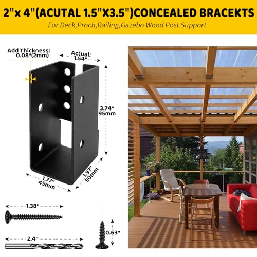 Concealed Joist Hanger Brackets,Woodwork Concealed-Flange Hanger for 2" x 4”(Actual:1.5" x 3.5“) Lumber,U-Shaped Joist Steel Bracket for Wood Fence,Porch,Swing,Handrails(12Pack)