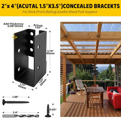 Concealed Joist Hanger Brackets,Woodwork Concealed-Flange Hanger for 2" x 4”(Actual:1.5" x 3.5“) Lumber,U-Shaped Joist Steel Bracket for Wood Fence,Porch,Swing,Handrails(12Pack)