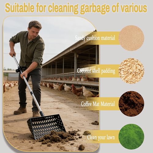 XCL Chicken Poop Scooper, Chicken Coop Scoop & Rake 2-in-1, Chicken Coop Rake with Ergonomic Grip, Sifting Shovel for Poop and Bedding Shavings, for Livestock Farming Such as Chicken Duck (Black) - color: Black