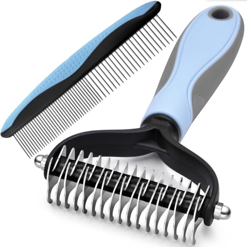 GOESWELL Pet Deshedding Brush - Undercoat Rake for Dogs & Cats - Double Sided Brush for Shedding and Dematting Comb for Dogs Grooming Tool kit - (Blue(Rake +Comb)) - color: Blue(Rake + Comb)