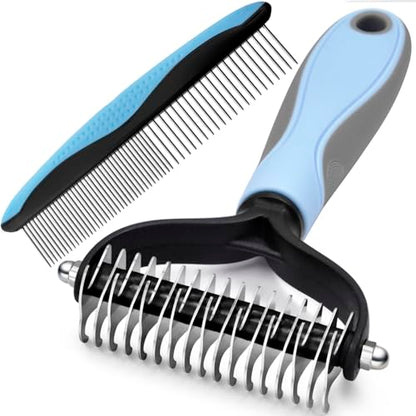 GOESWELL Pet Deshedding Brush - Undercoat Rake for Dogs & Cats - Double Sided Brush for Shedding and Dematting Comb for Dogs Grooming Tool kit - (Blue(Rake +Comb)) - color: Blue(Rake + Comb)