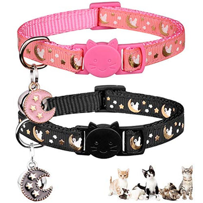 2Pcs Breakaway Cats Collars Cat Collars for Boy & Girl Cats Moons Adjustable Kitten Collars with Bell & Pendant Glow in The Dark,Black+Pink - color: Pink+Black, size: 7.0-10.7''