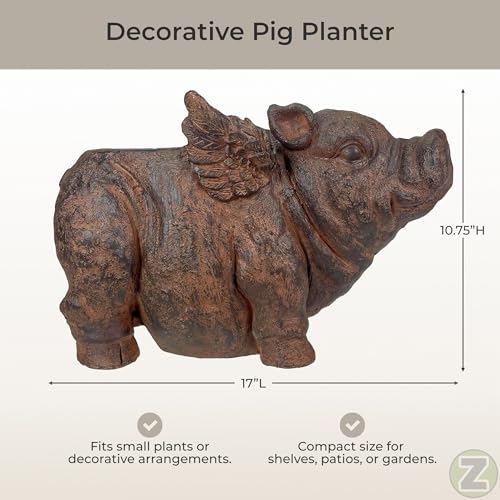 Zeckos Animal Planter, 17 Inch Flying Pig with Distressed Brown Finish | Magnesium Oxide, Drain Hole, 8 by 5 Inch Planting Opening, Indoor or Outdoor Use - color: Pig Wings - Brown