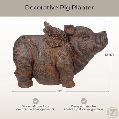 Zeckos Animal Planter, 17 Inch Flying Pig with Distressed Brown Finish | Magnesium Oxide, Drain Hole, 8 by 5 Inch Planting Opening, Indoor or Outdoor Use - color: Pig Wings - Brown