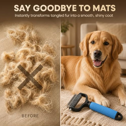 2PCS Pet Grooming Combo - Blue Deshedding Brush with Metal Comb for Detangling and Dematting Long, Matted Fur on Cats and Dogs (2PCS-A) - color: 2PCS-A